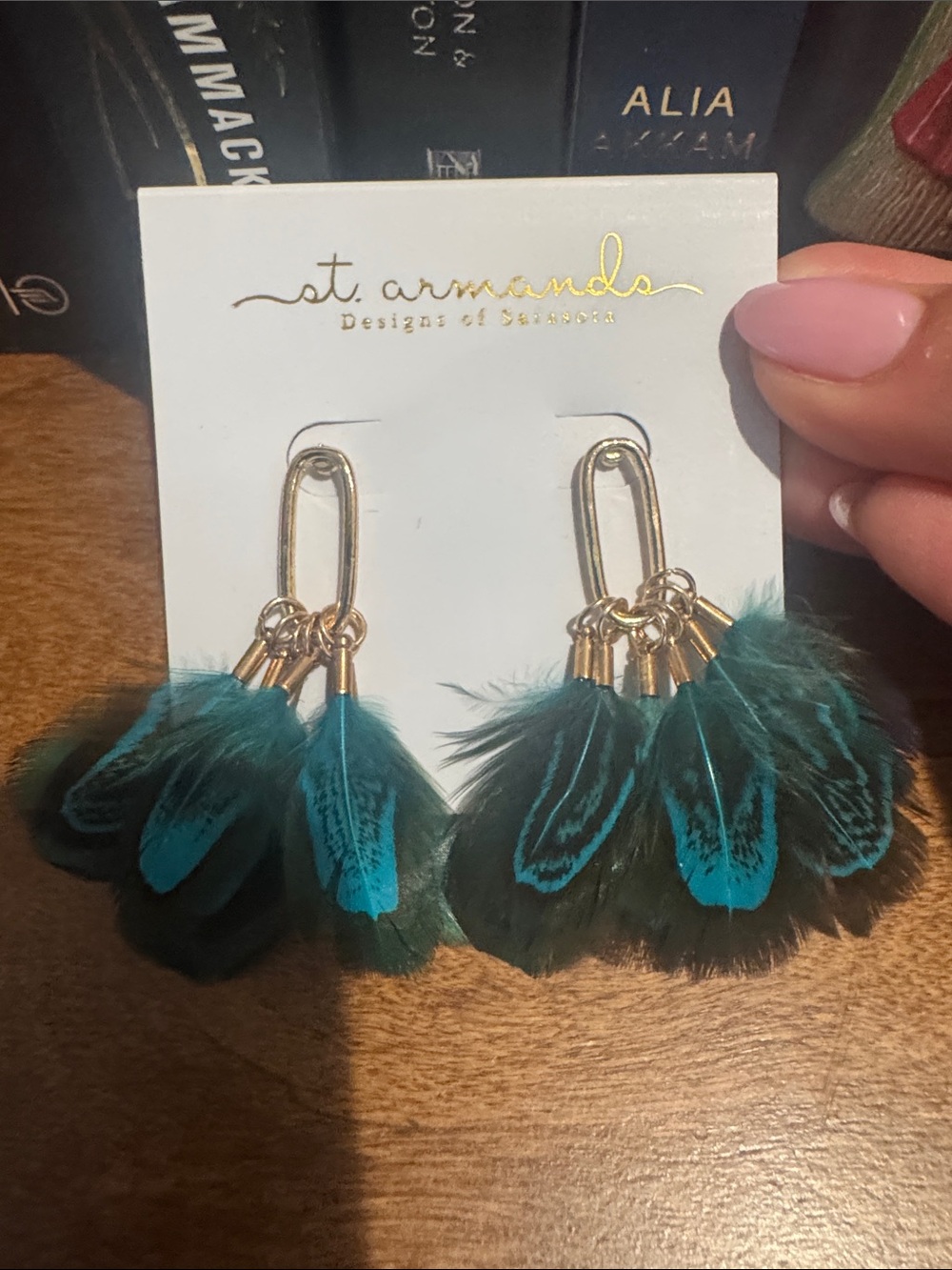 Teal Feather Drop Earrings with Gold Accents